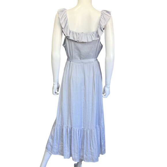 Paige Kiarra Dress Womens L Salt Blue Ruffle Tie Waist Sleeveless Midi - Picture 2 of 4